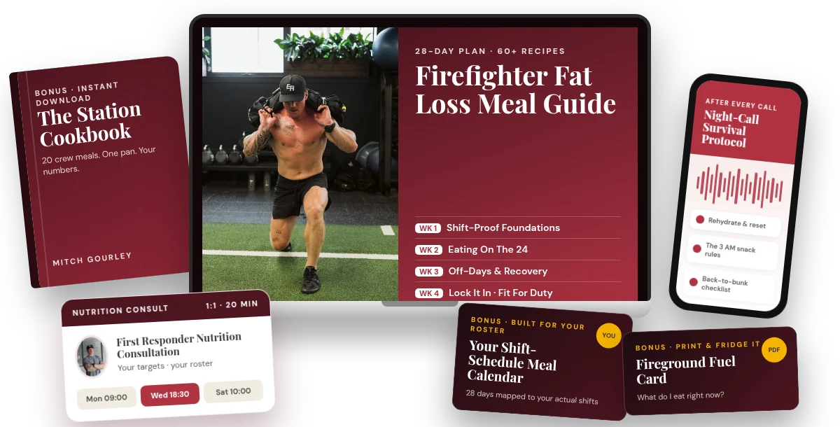 Everything inside the Firefighter Fat Loss Meal Guide: the 28-day shift-proof meal plan, 60+ recipes, Station Cookbook, Night-Call Survival Protocol, Fireground Fuel Card, your Shift-Schedule Meal Calendar and a 1:1 First Responder Nutrition Consultation